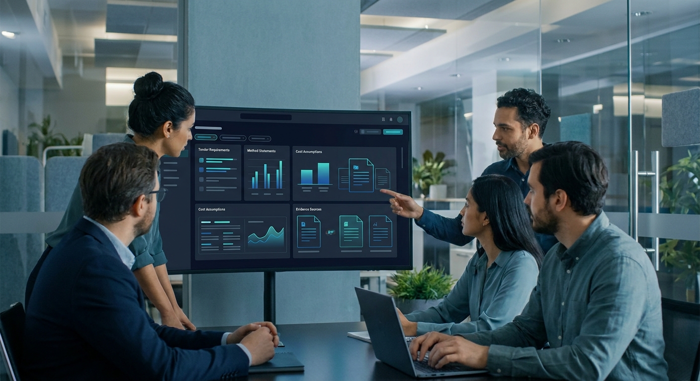 AI-assisted bid pricing review comparing tender requirements, method statements, cost assumptions and evidence sources