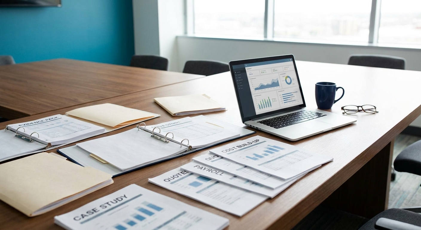 Evidence pack for an abnormally low tender response with cost build-up, supplier quotes, payroll checks and case study proof