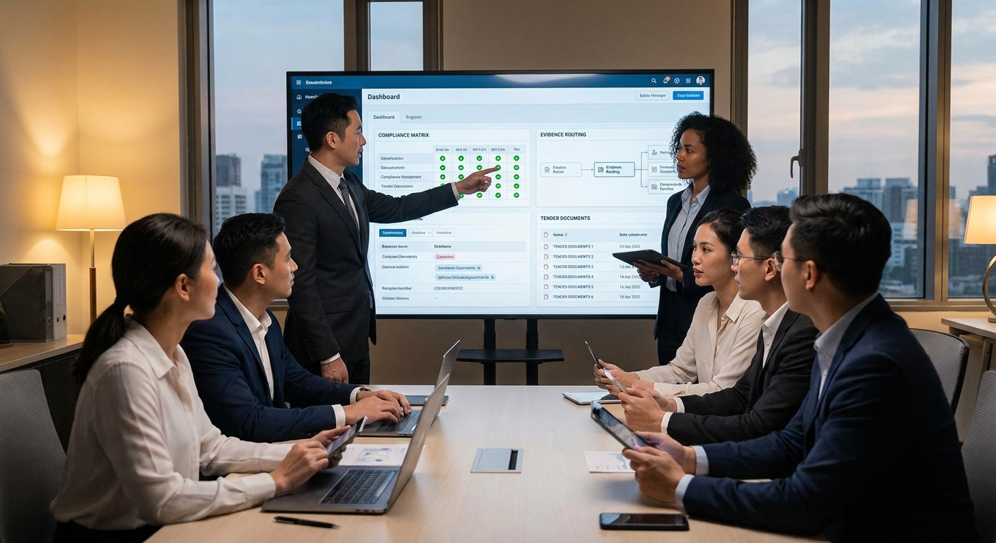 Bid team using agentic AI workflow dashboard to analyse tender documents and route evidence