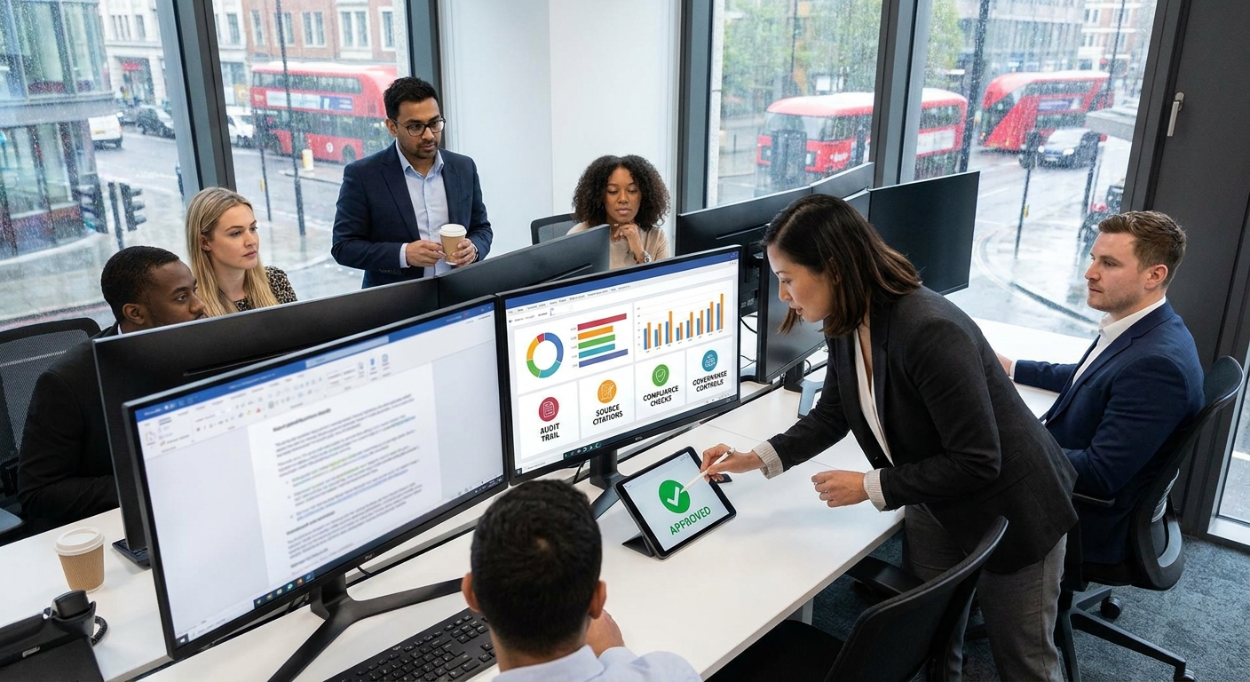 Human reviewer approving AI-assisted tender response with audit trail and source citations