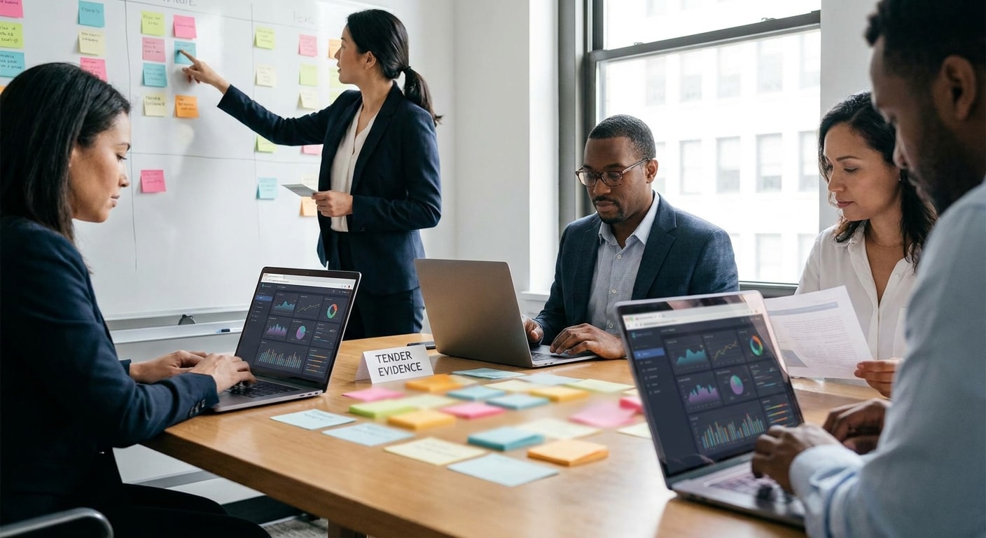 Bid team running a two-week AI-ready data audit sprint with tender evidence cards