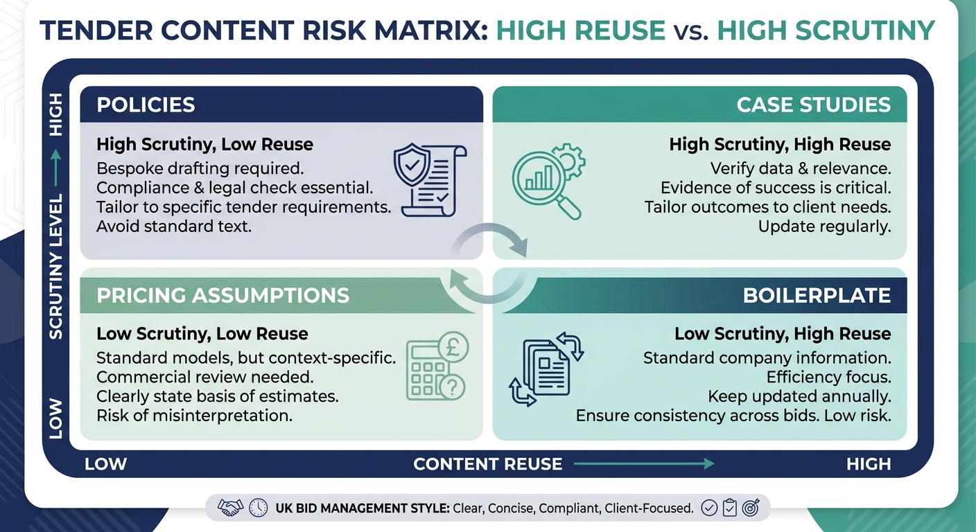 Bid library content risk matrix showing high reuse and high scrutiny categories