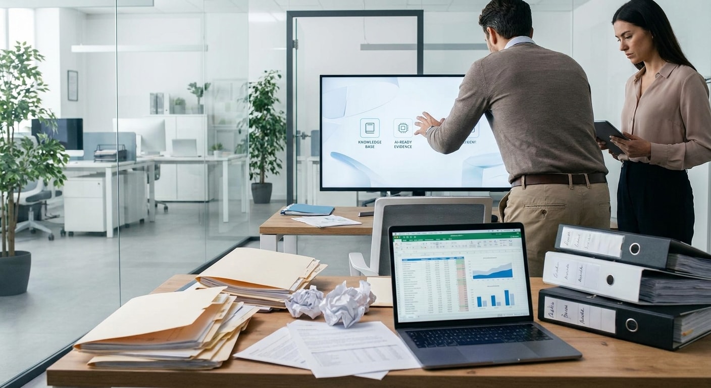 Messy bid library documents being organised into clean AI-ready tender data