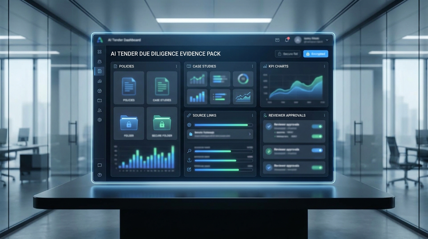 Evidence pack for AI-assisted tender responses showing policies, case studies, KPIs, source links and reviewer approvals