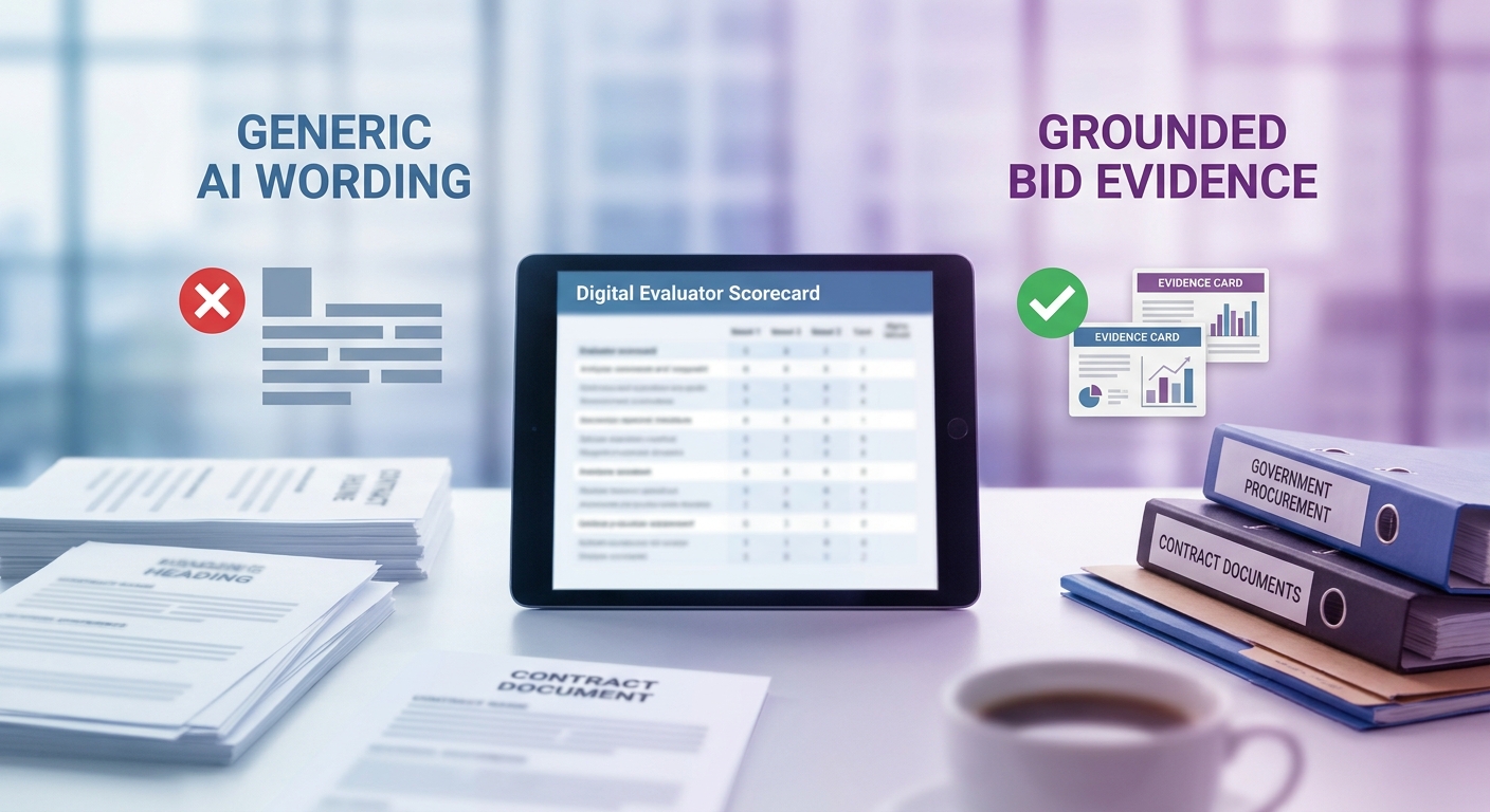 Evaluator scorecard comparing generic AI wording with grounded bid evidence and buyer-specific proof