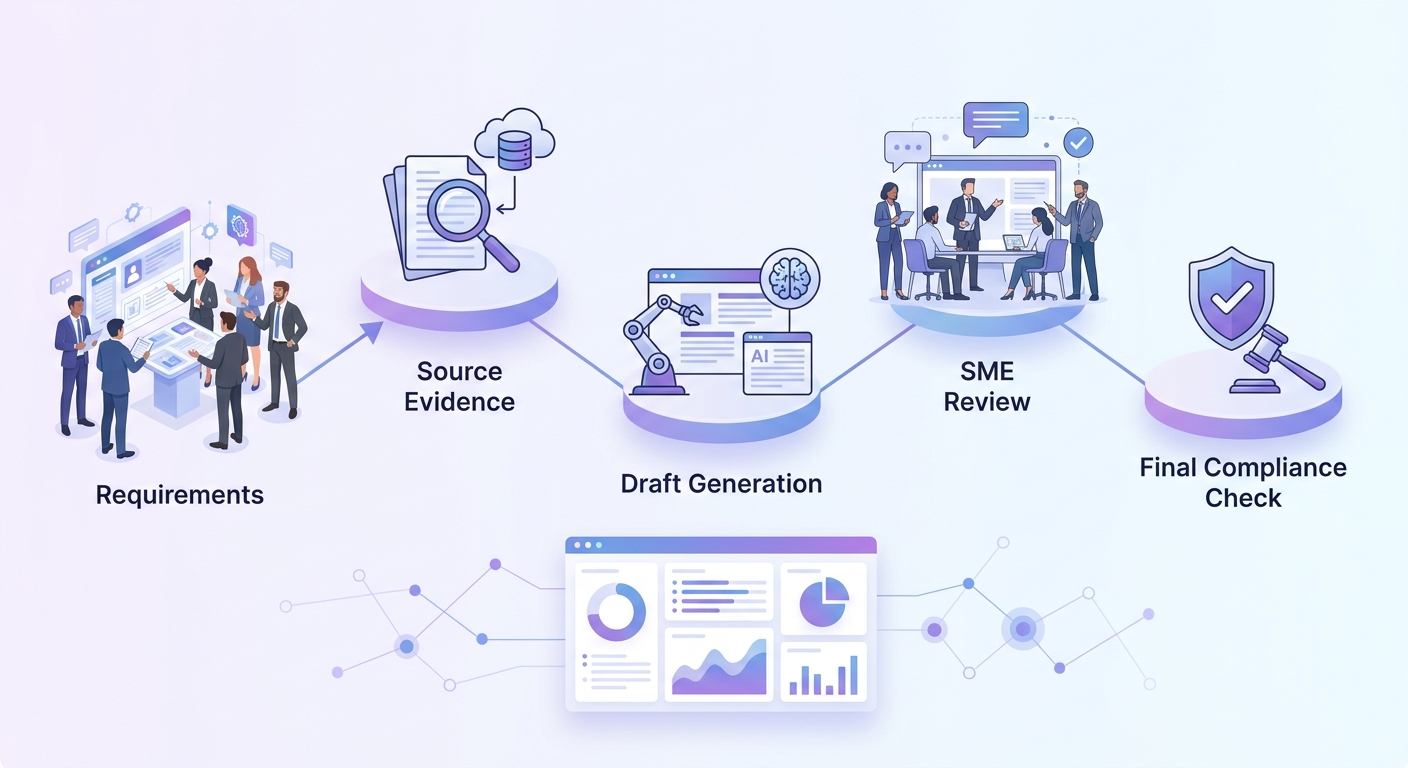 Grounded AI workflow showing requirements, source evidence, draft generation, SME review and final compliance check