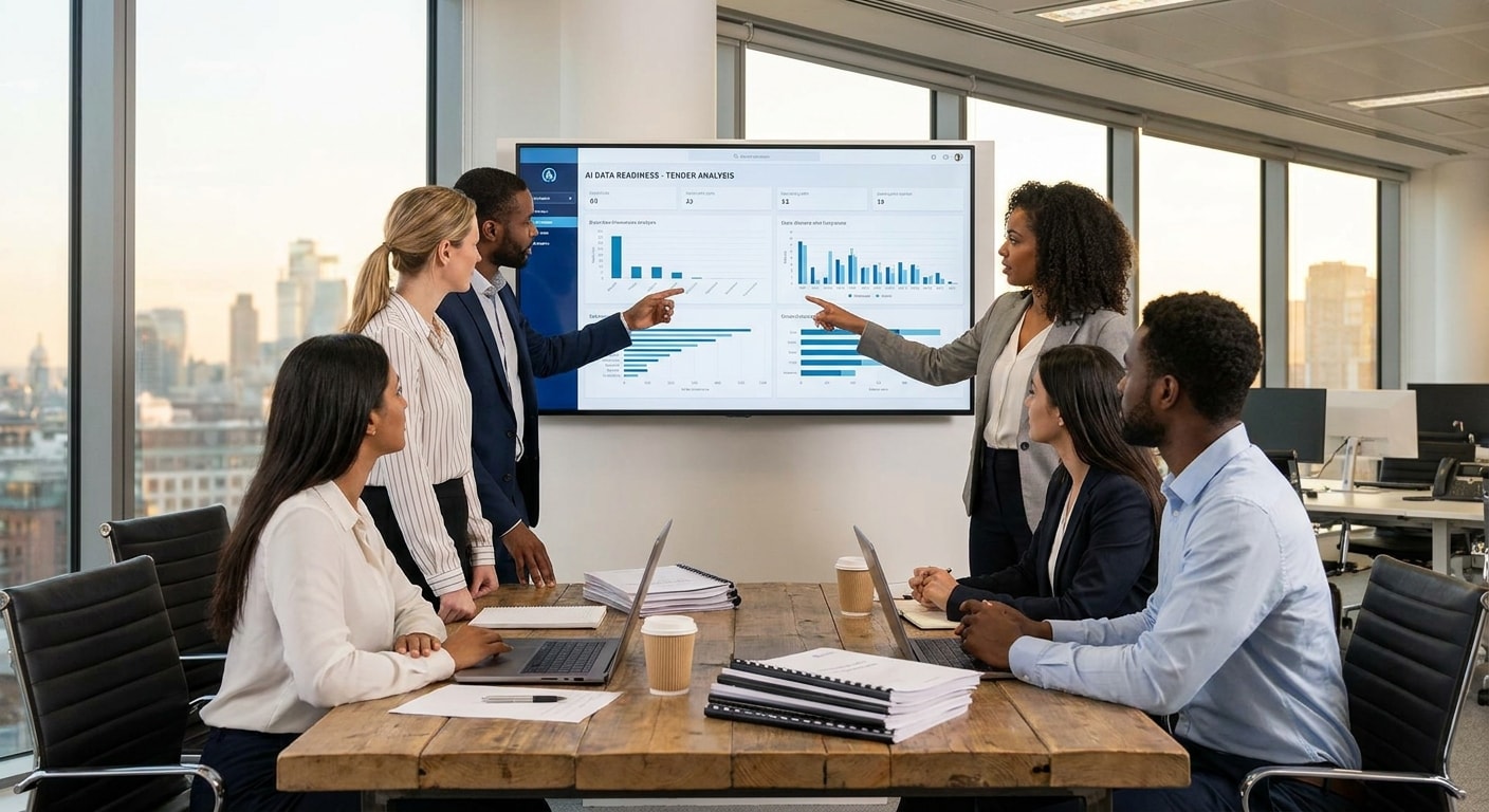 Bid team reviewing AI procurement data readiness on a large office screen