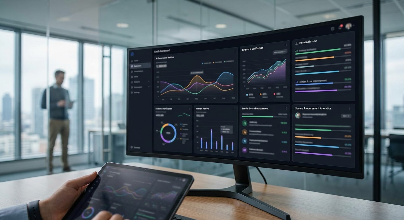 Bid quality dashboard tracking AI governance, evidence verification, human review and tender score improvement