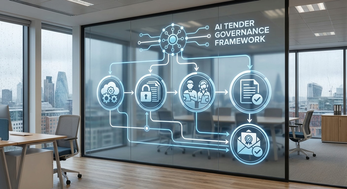 AI tender governance framework connecting approved tools, bid library evidence, human reviewers and final tender answers