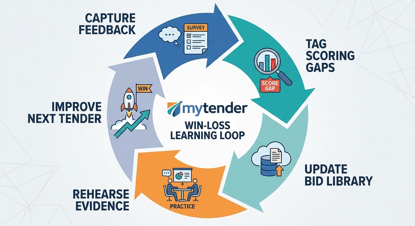 Circular learning loop showing feedback capture, scoring gap tags, bid library updates and stronger next tender responses
