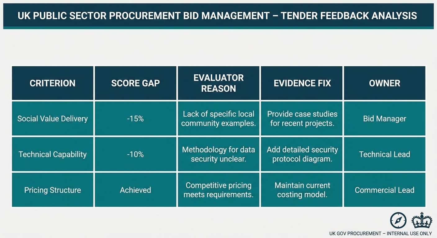Tender feedback analysis matrix showing criterion, score gap, evaluator reason, evidence fix and owner