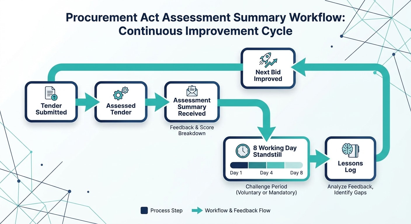 Workflow diagram showing how an assessment summary moves from result notice to standstill review, lessons log and improved next bid