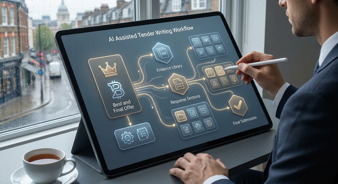 AI-assisted BAFO workflow connecting tender feedback, approved evidence and final response sections