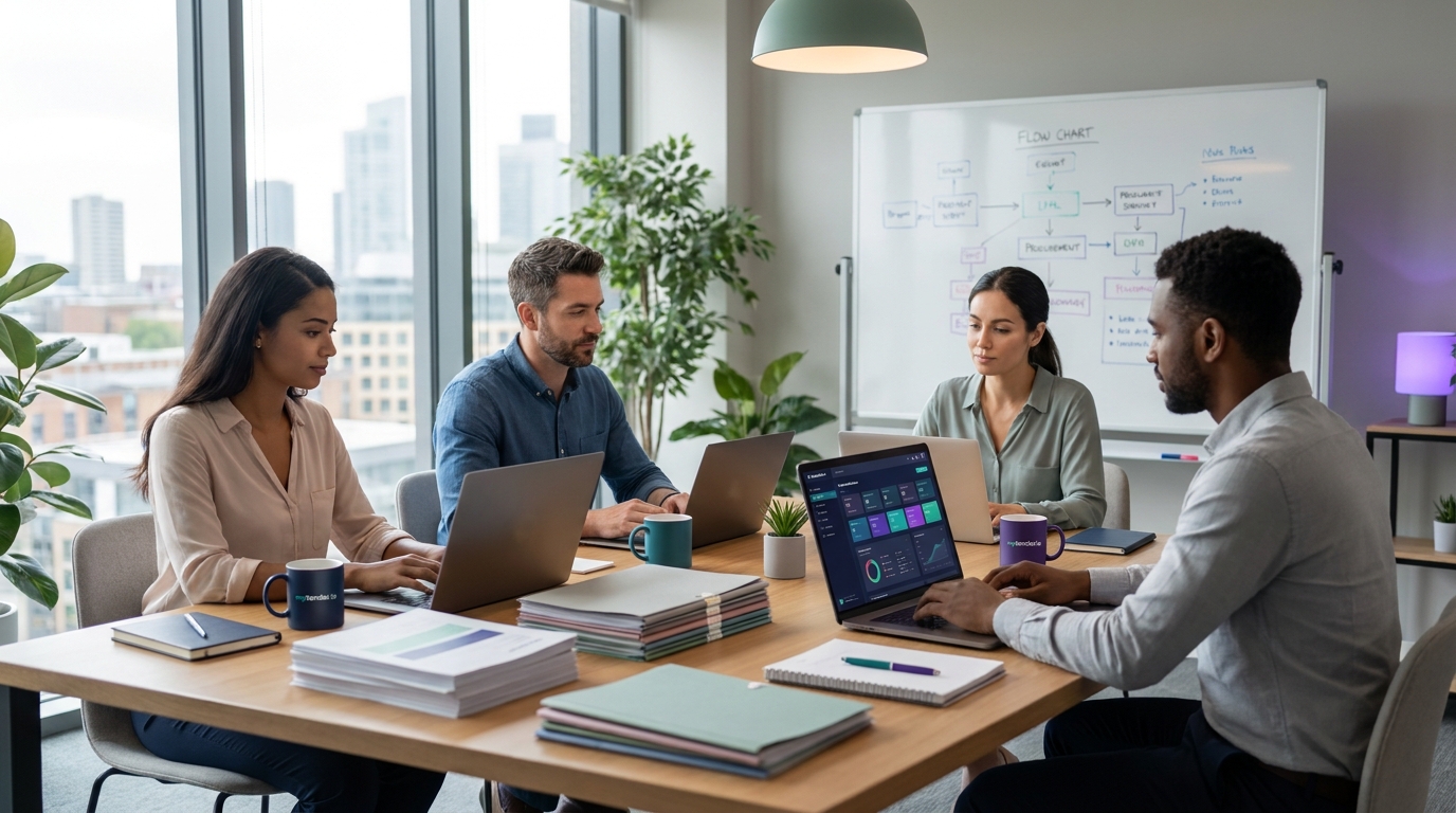 Bid team preparing a best and final offer tender strategy in a modern proposal workspace