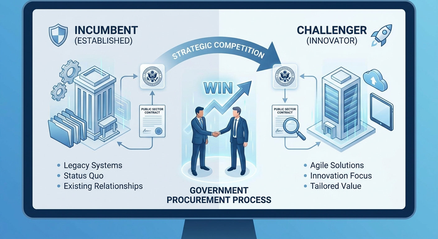 Professional bid strategy showing a challenger supplier competing against an incumbent to win a public sector government contract