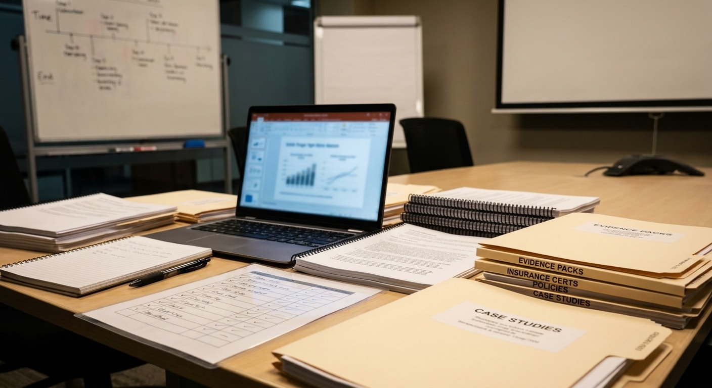 Tender evidence pack with policies, case studies and contract documents ready for a short public sector response