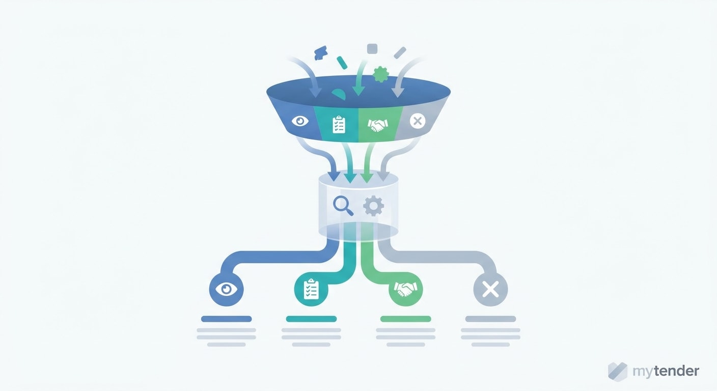 Procurement transparency funnel showing early notices, tracking decisions, bid qualification and final submission choices
