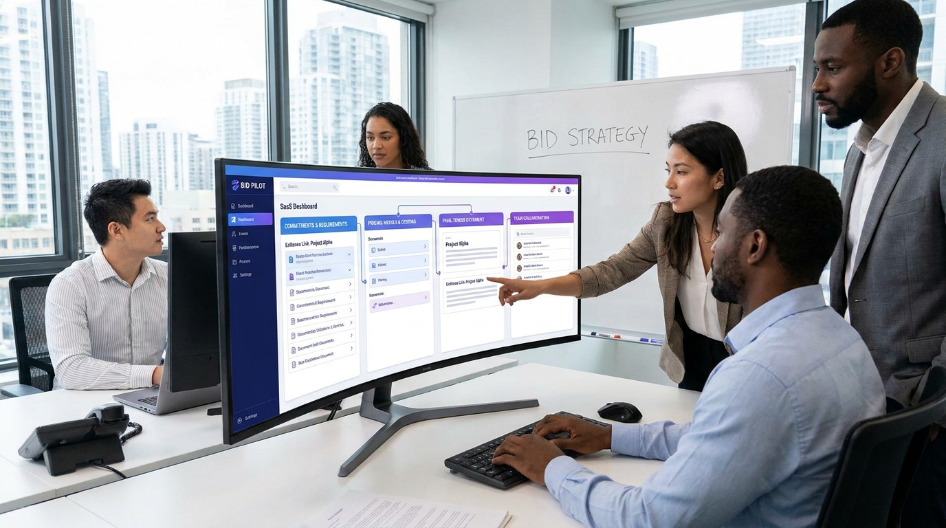 AI-assisted bid management workspace linking commitments, evidence and final tender content