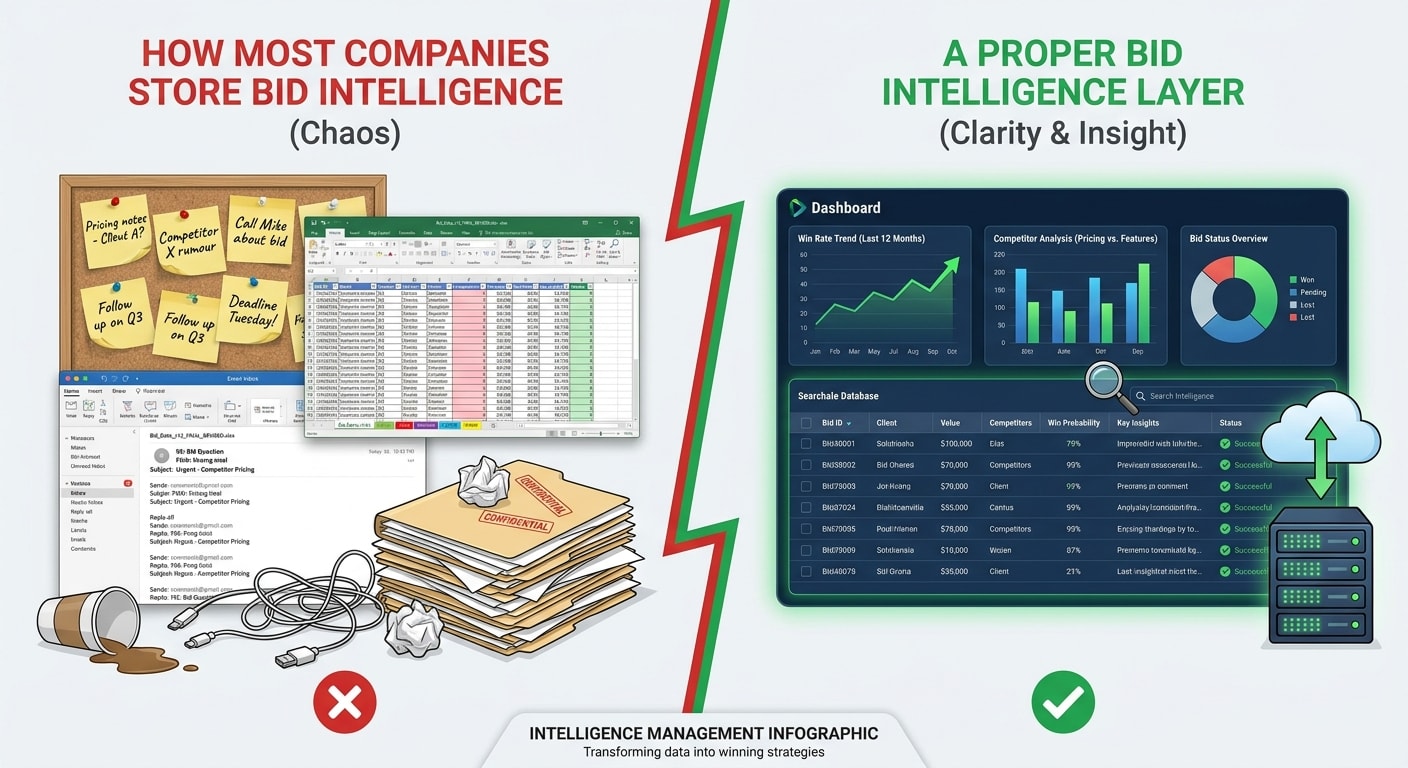 Comparison: chaotic ad hoc bid intelligence vs a structured bid intelligence layer