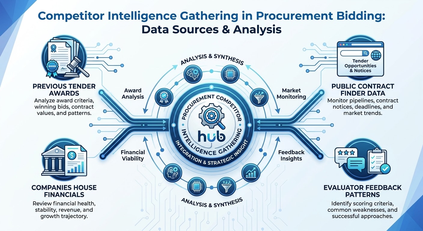 Competitor intelligence data sources diagram — tender awards, contract finder, Companies House, evaluator feedback patterns