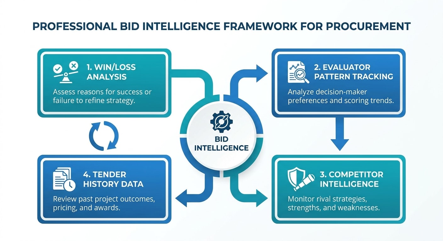 The four-component bid intelligence framework: Win/Loss Analysis, Evaluator Pattern Tracking, Competitor Intelligence, and Tender History Data