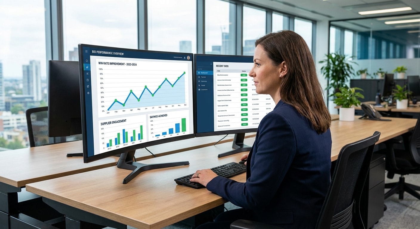 Procurement professional reviewing bid performance dashboards — win rate improvement over time