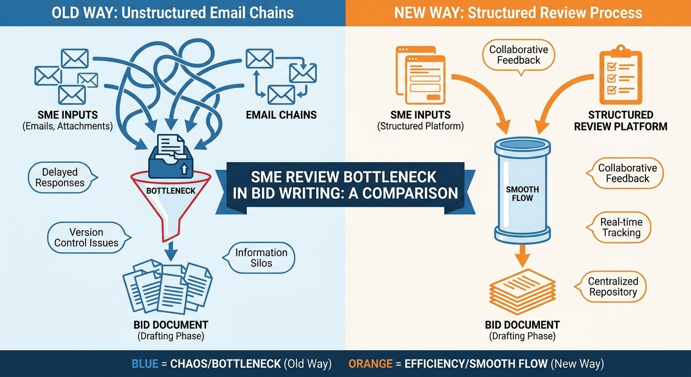 SME review bottleneck diagram showing structured vs unstructured review process