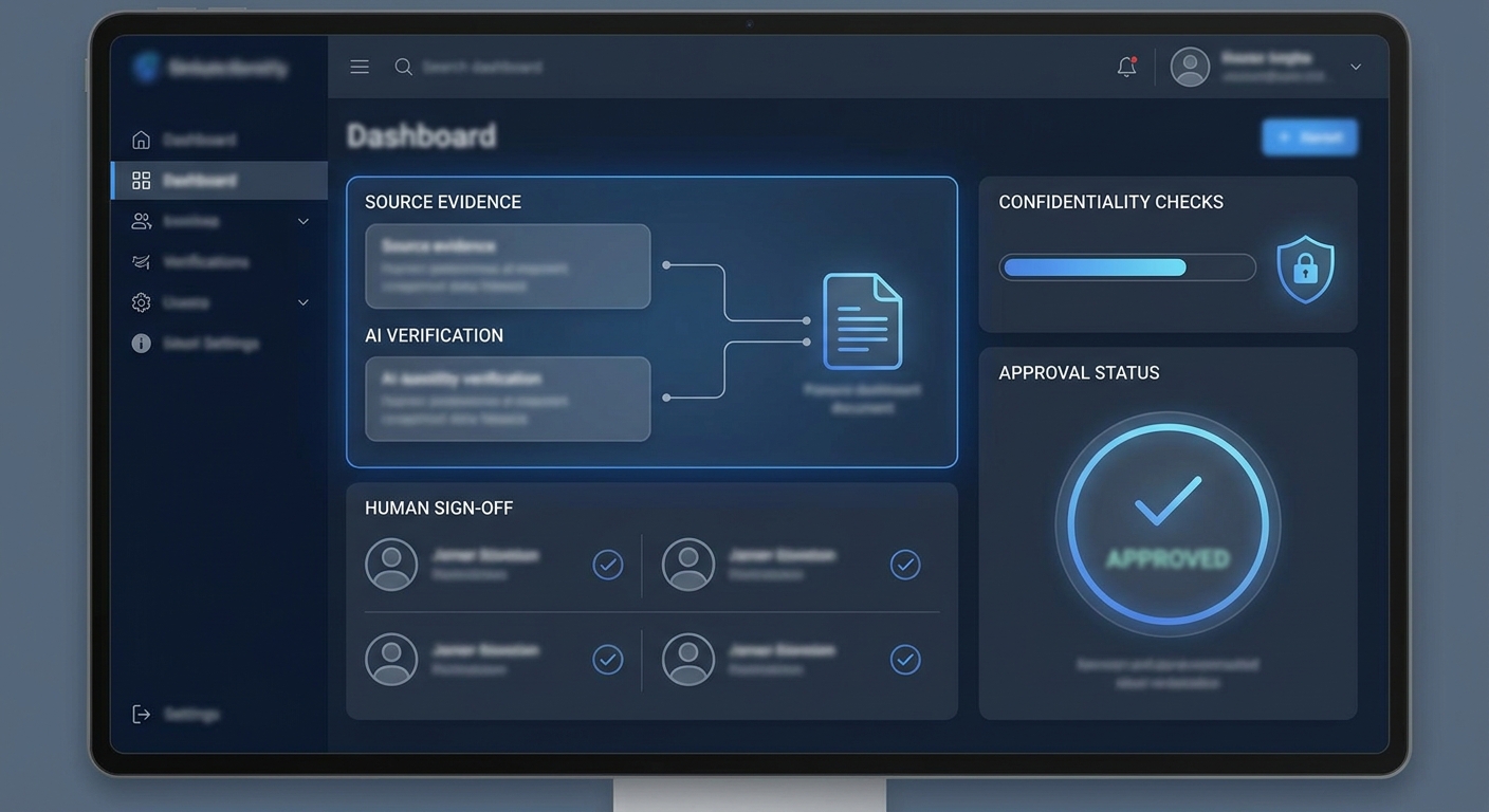 AI-assisted tender response verification dashboard showing source evidence, human sign-off, confidentiality checks and final approval status