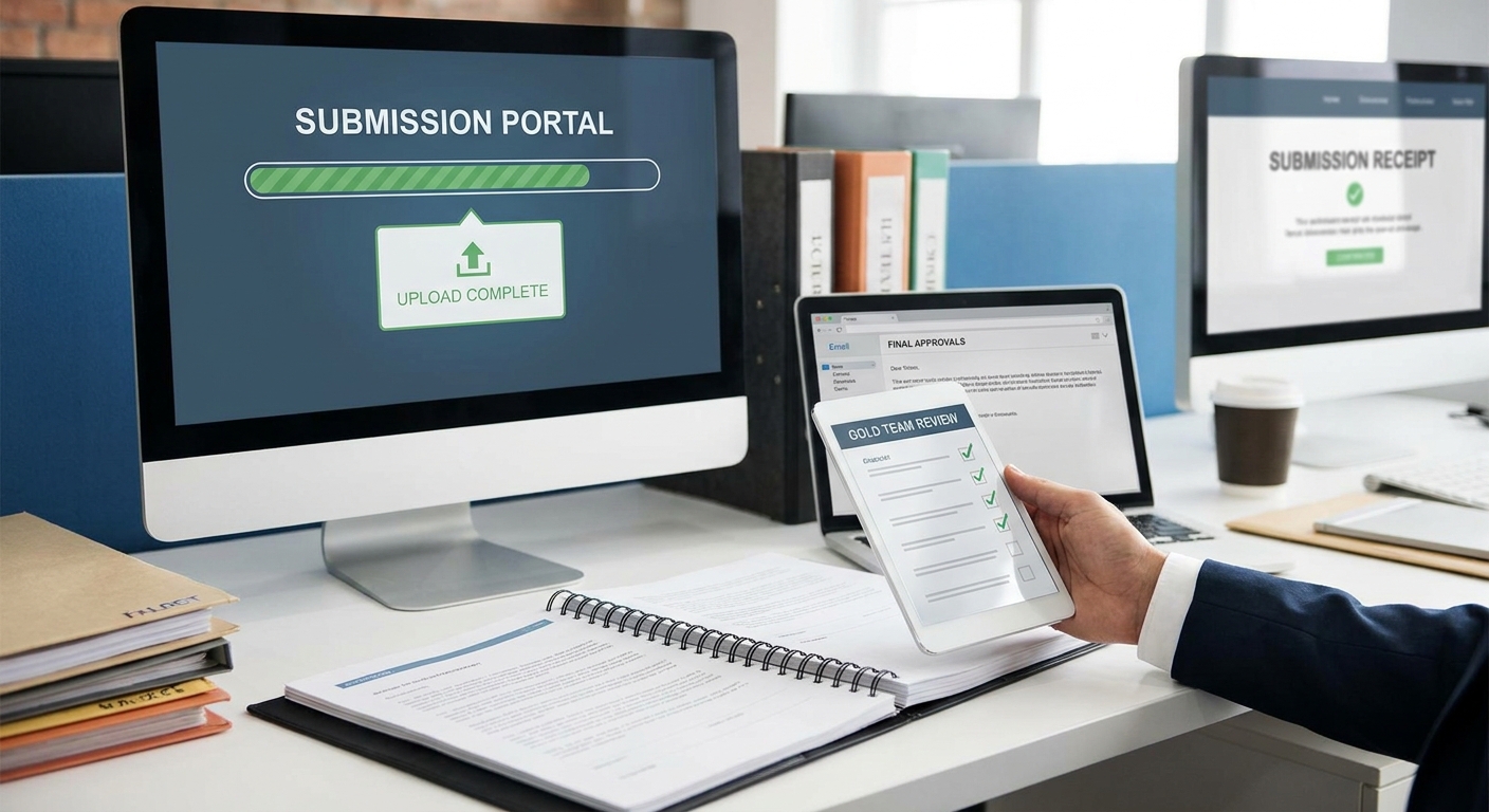 Final gold team tender submission checklist with portal upload, approvals, attachments, consistency checks and submission receipt