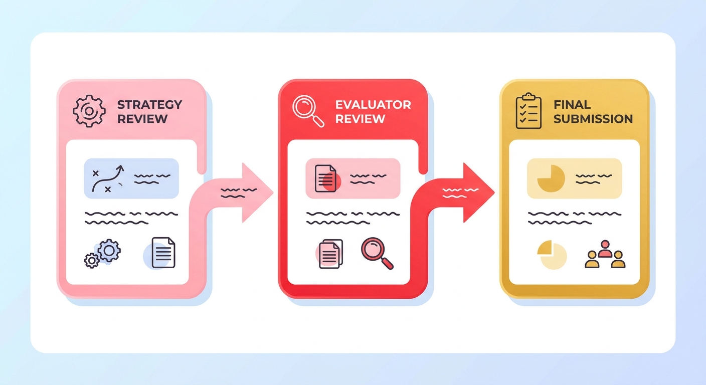Three-stage bid review workflow showing pink team strategy review, red team evaluator review and gold team final submission control