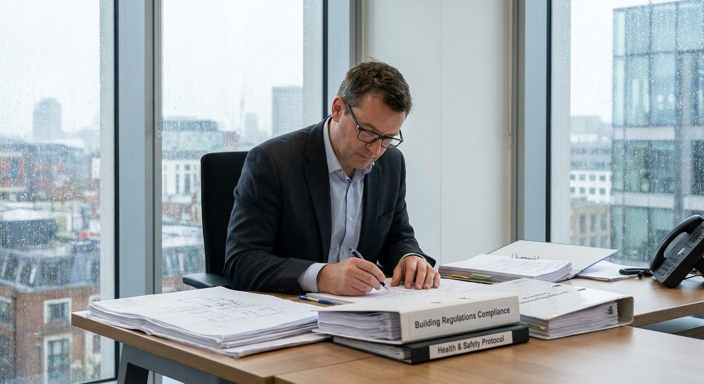 Construction consultant reviewing compliance documents