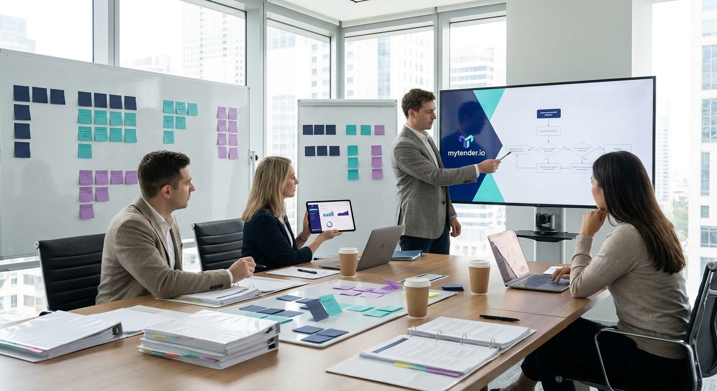 Finance, operations and bid teams collaborating on payment evidence before a tender deadline
