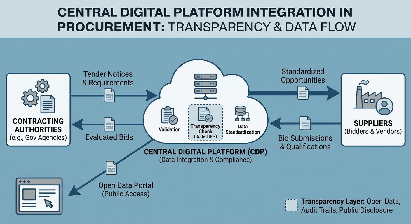 Process diagram showing Central Digital Platform integration and information flow between contracting authorities and suppliers