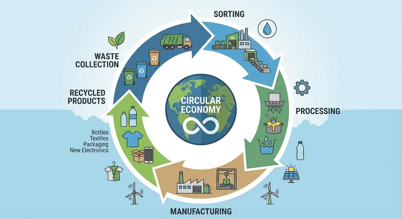 Circular economy recycling flow showing material journey from waste to recycled products
