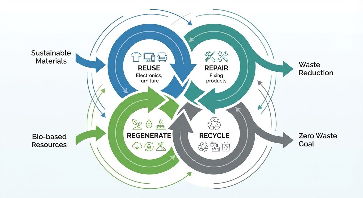 Circular economy principles diagram showing reuse, repair, recycle loops