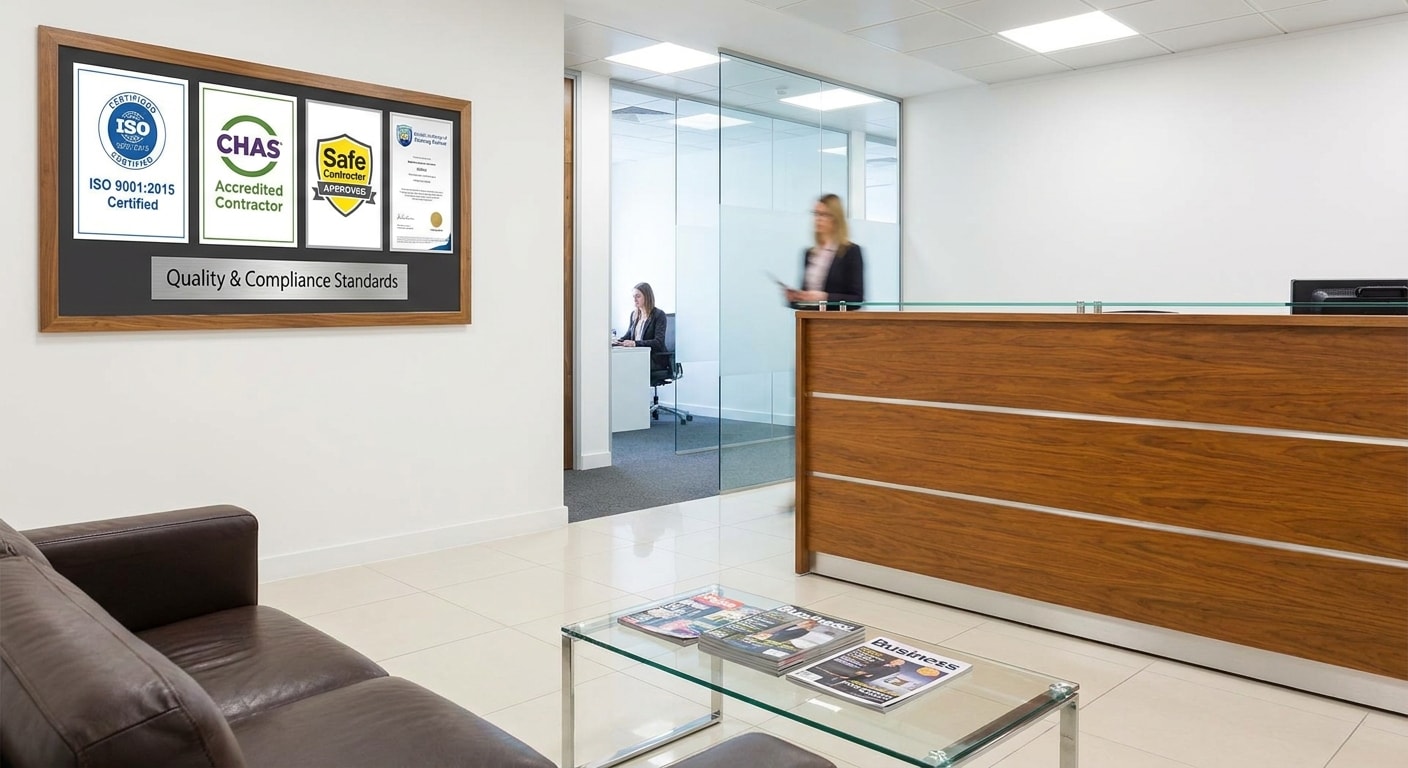 Cleaning services compliance certifications including ISO, CHAS and Safe Contractor accreditations