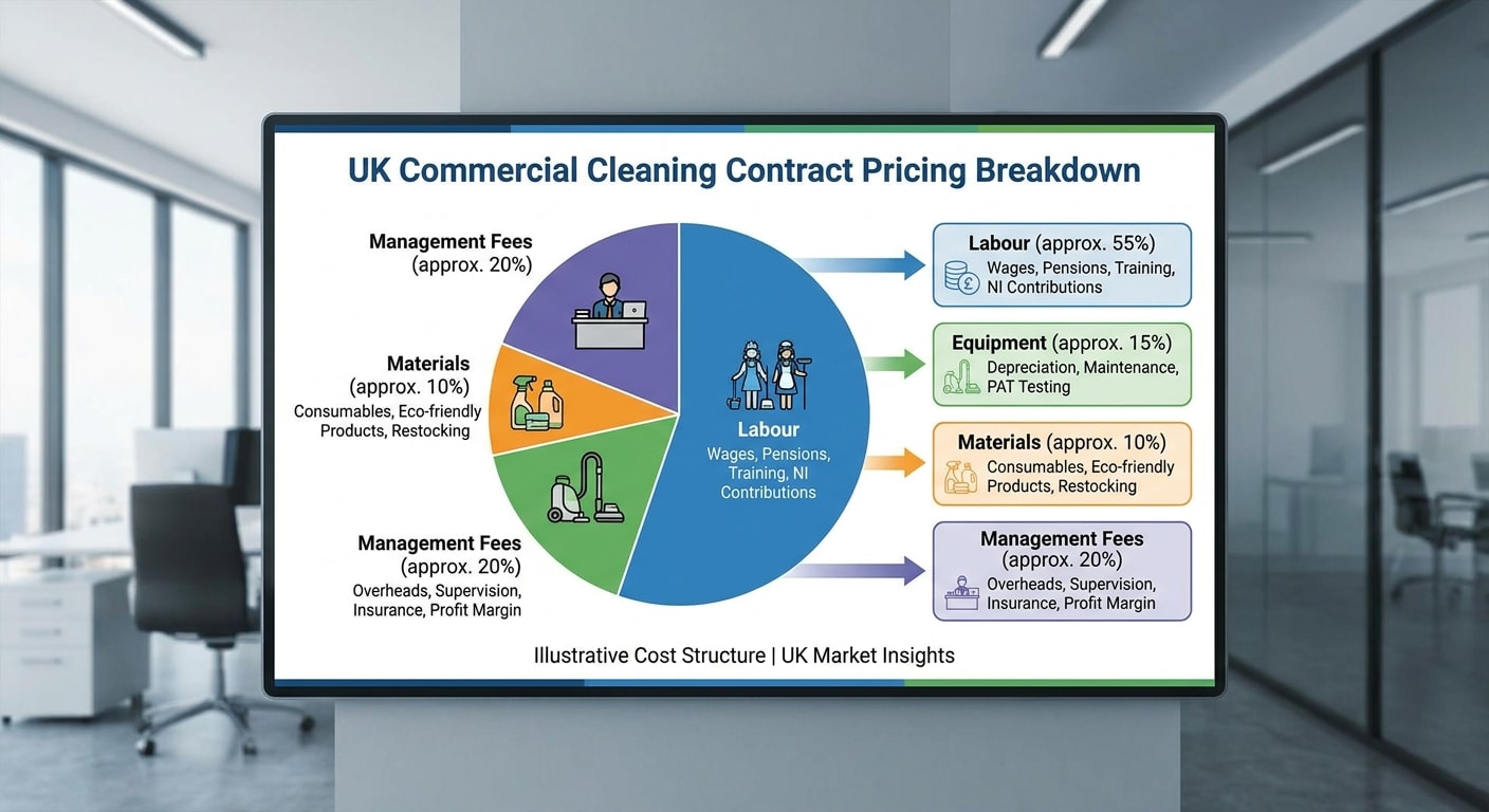 Cleaning contract pricing breakdown showing labour, equipment, materials and management costs