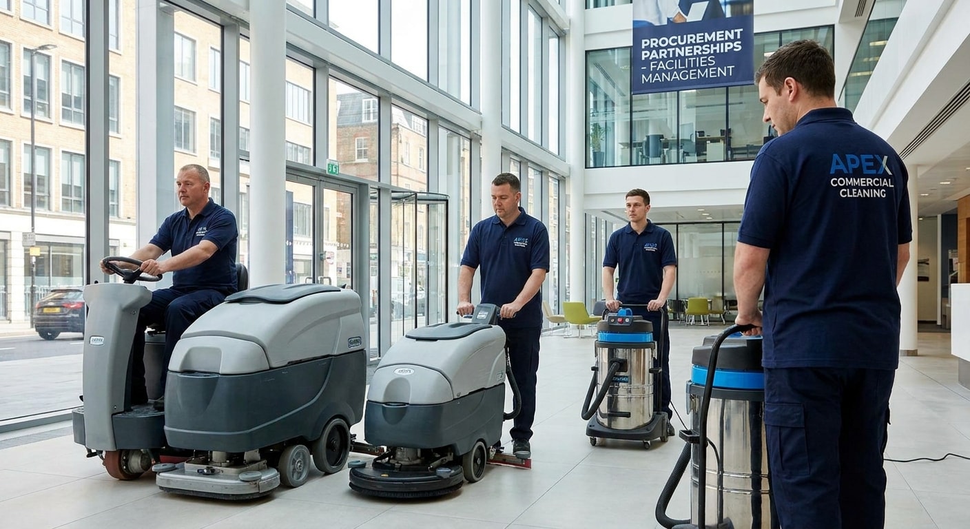 Professional commercial cleaning team using industrial equipment in a modern UK office building