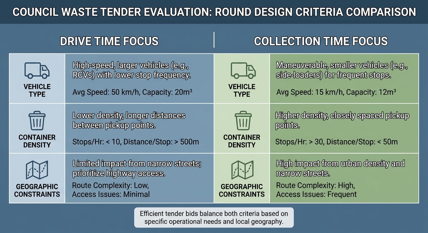 Table showing waste tender evaluation criteria for collection round design, including drive time, vehicle type, container density and geographic constraints