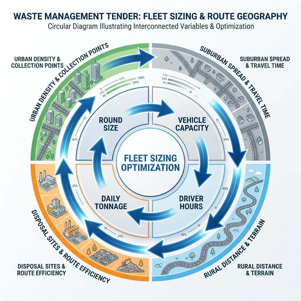 Diagram showing how fleet sizing connects to route geography in waste tenders