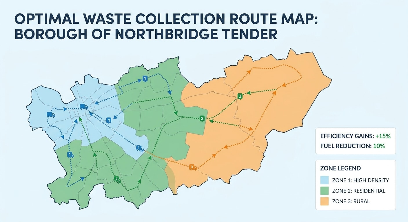 Waste collection route geography map showing colour-coded zones across a council area