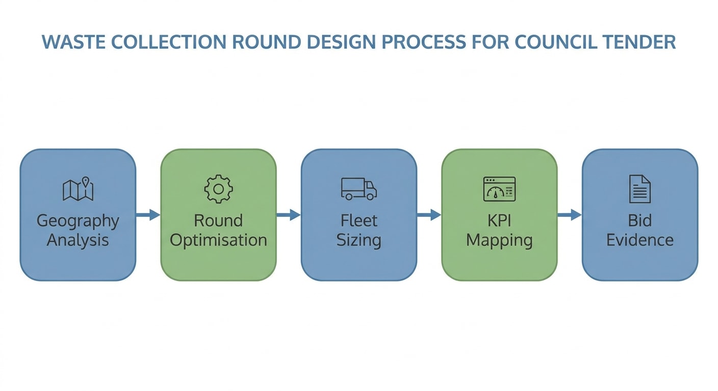 Flowchart showing the collection round design process from geography analysis through to bid evidence