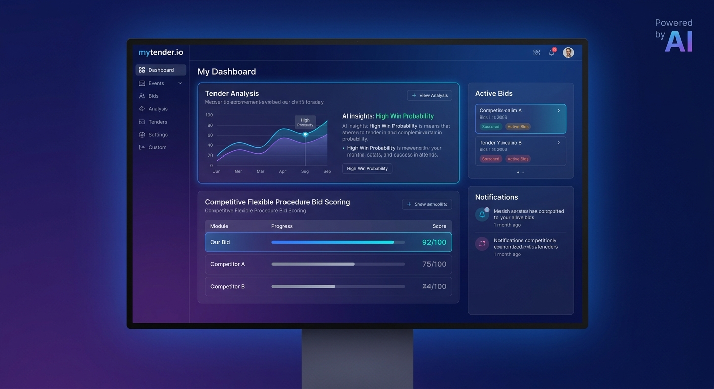 AI-powered bid writing software helping suppliers prepare Competitive Flexible Procedure responses — mytender.io dashboard with tender analysis
