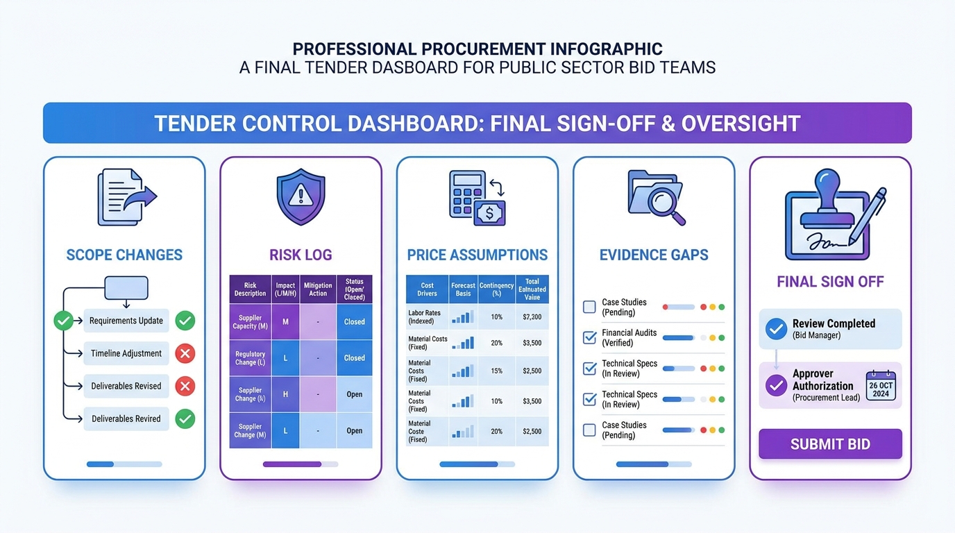 Final tender control dashboard for scope changes, risks, price assumptions and evidence gaps