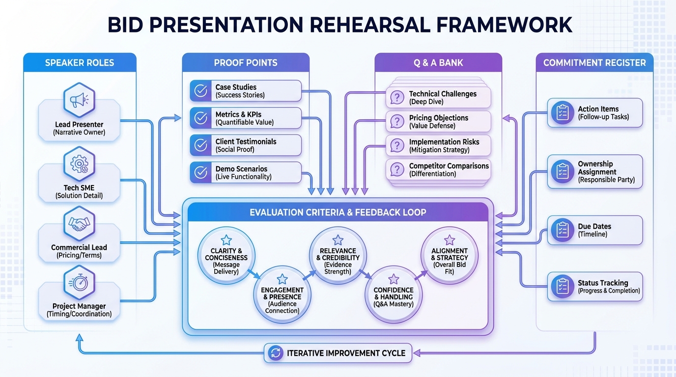 Bid presentation rehearsal framework mapped to evaluation criteria, speaker roles and proof points