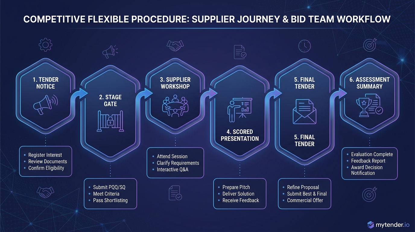 Stage map for supplier workshops, presentations and final tenders in a competitive flexible procedure