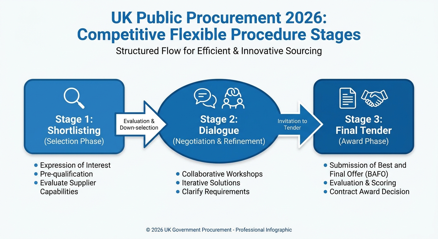 Overview of the Competitive Flexible Procedure stages under UK Procurement Act 2023 — shortlisting, dialogue, and final tender submission flowchart