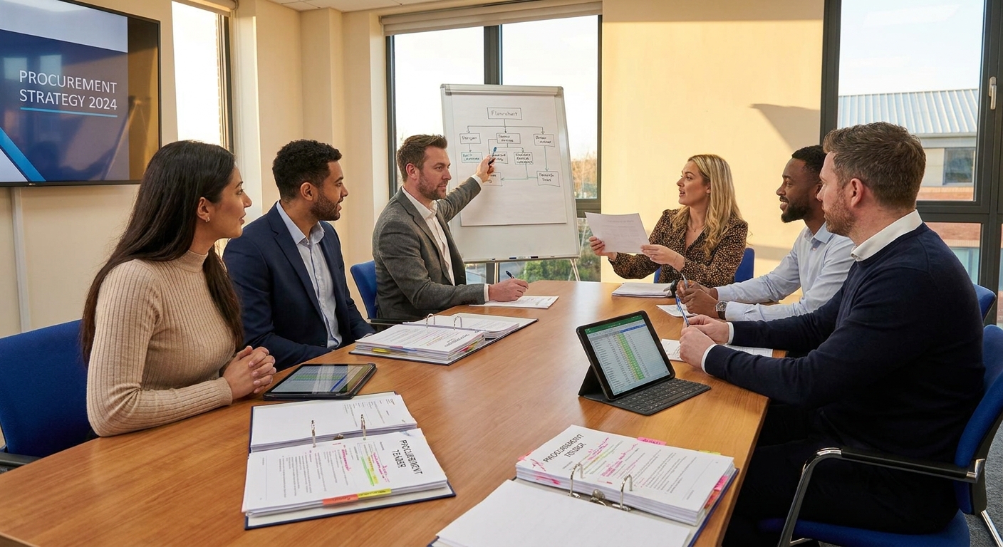 Supplier team preparing competitive flexible procedure bid, reviewing documents and strategy in professional UK office environment