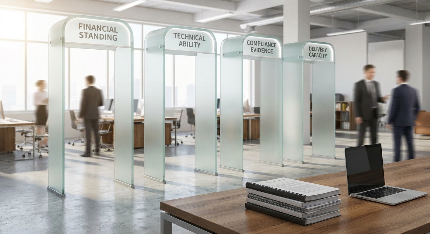 Qualification gates showing financial standing, technical ability, compliance evidence and delivery capacity