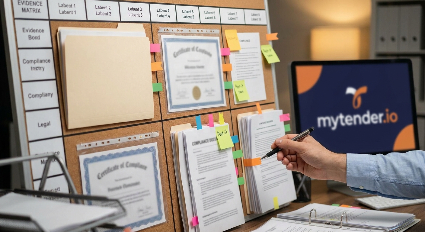 Evidence matrix linking tender participation conditions to approved documents and bid library records
